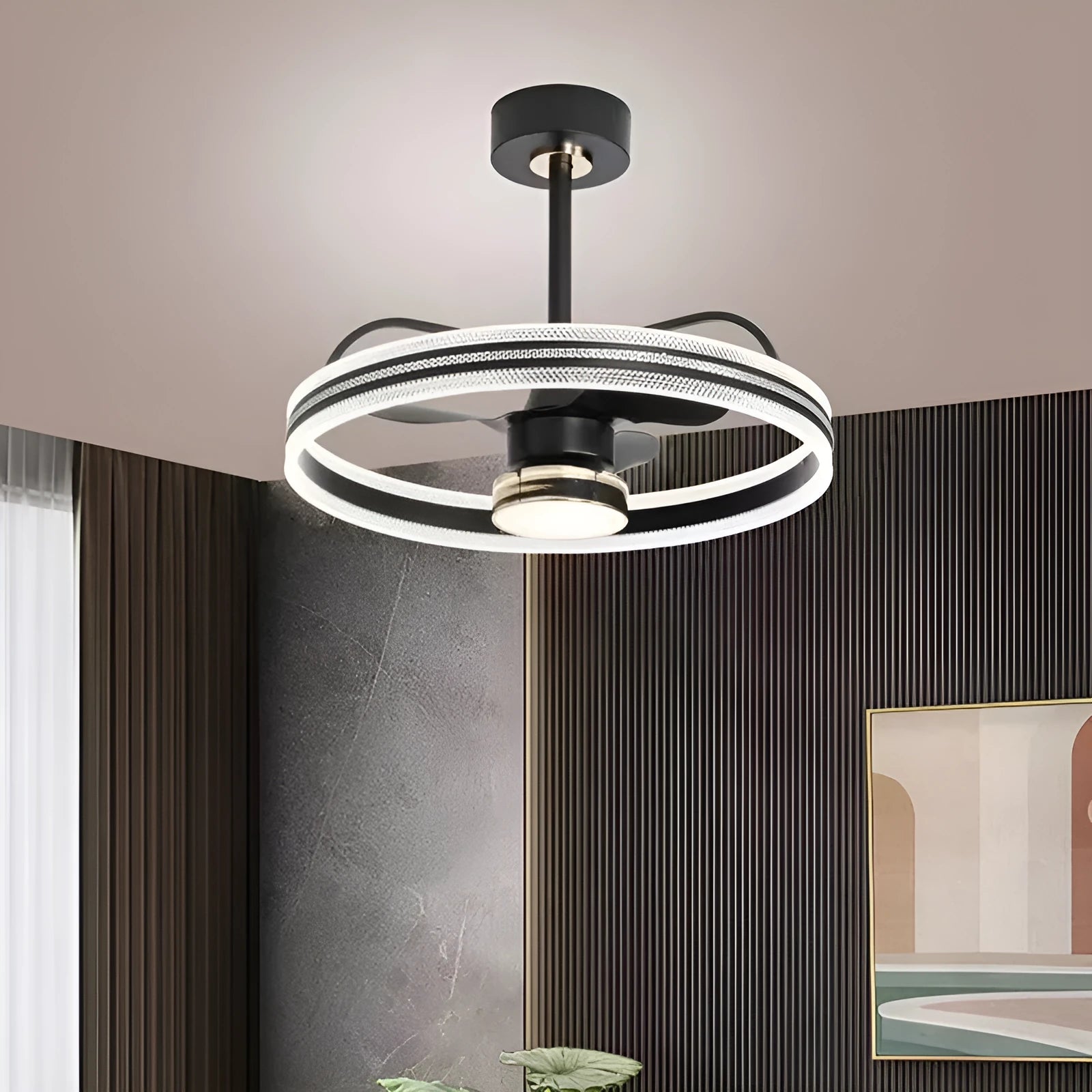 Modern remote-controlled ceiling fan light with acrylic shade and ABS blades in black or gold finish