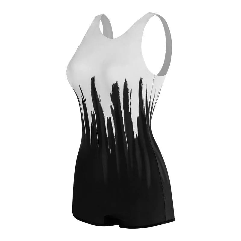 Black conservative ladies sports one-piece swimsuit with printing pattern