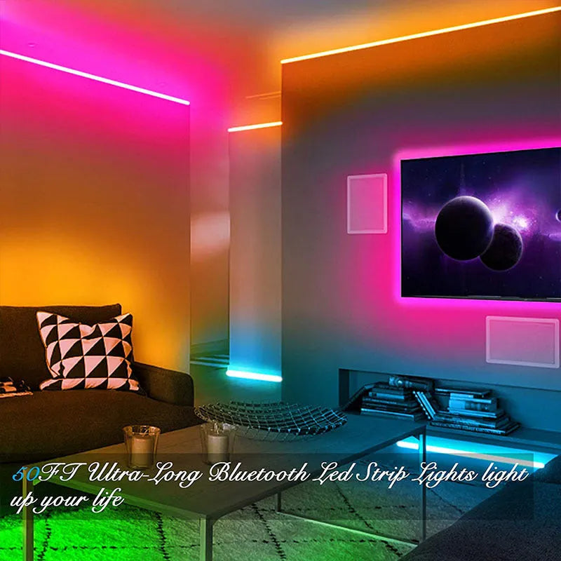 Bluetooth smart app controlled RGB LED strip light on a reel with 44-key remote and power adapter.