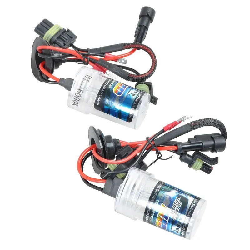 Single xenon headlight bulb for car with H1 H7 9005 type bases in white, yellow, or blue light options.