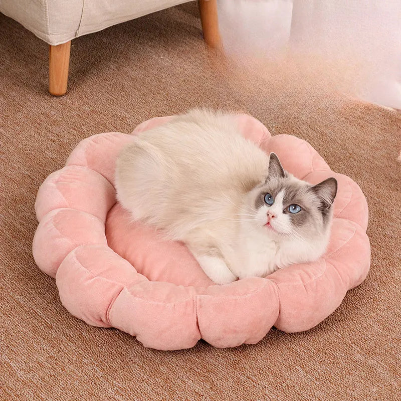 Square blue pet bed cushion with a half-surrounded side and short plush fabric