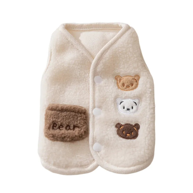 Brown fleece dog jacket with beige white and brown bear embroidery on side, side-button closure, small embroidered pocket, for small breeds