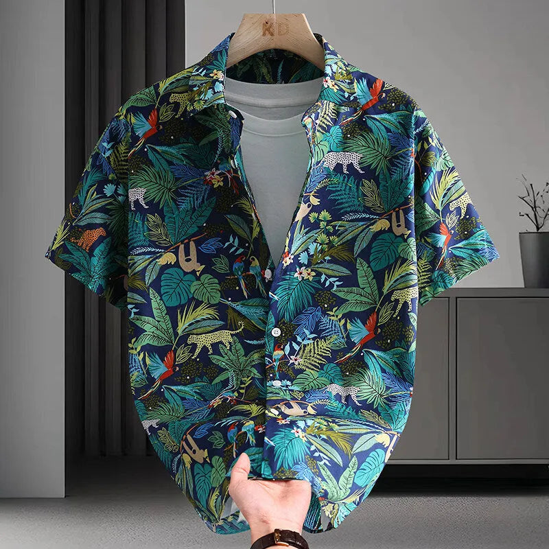 Men's casual Hawaiian style floral print cotton cardigan shirt in summer colours