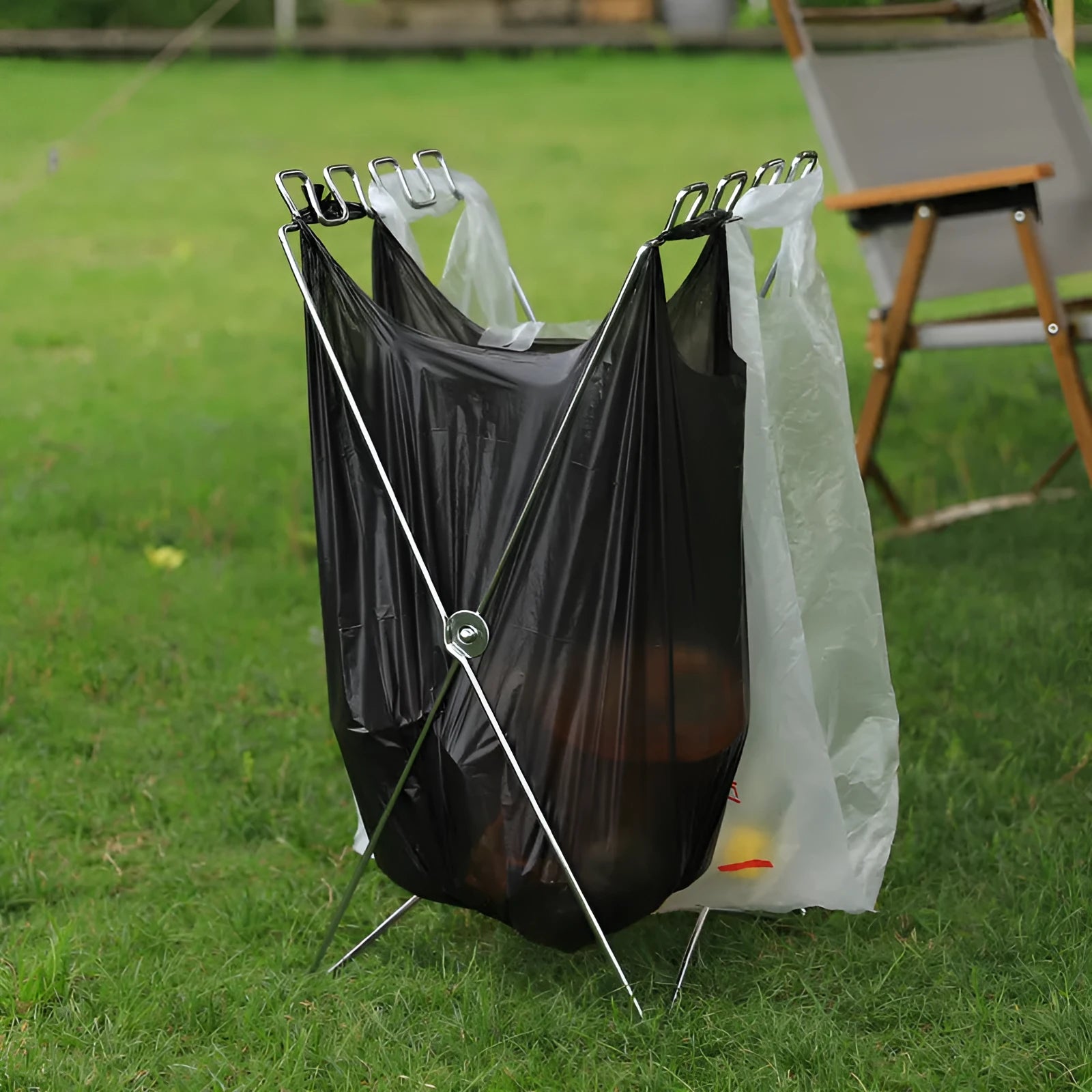 Stainless steel camping garbage bag bracket with folding design in black or silver colour