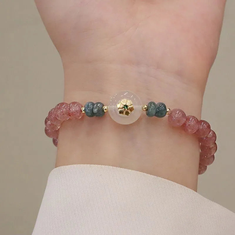 Women's strawberry quartz bracelet with blue water emerald round jade pendant geometric design