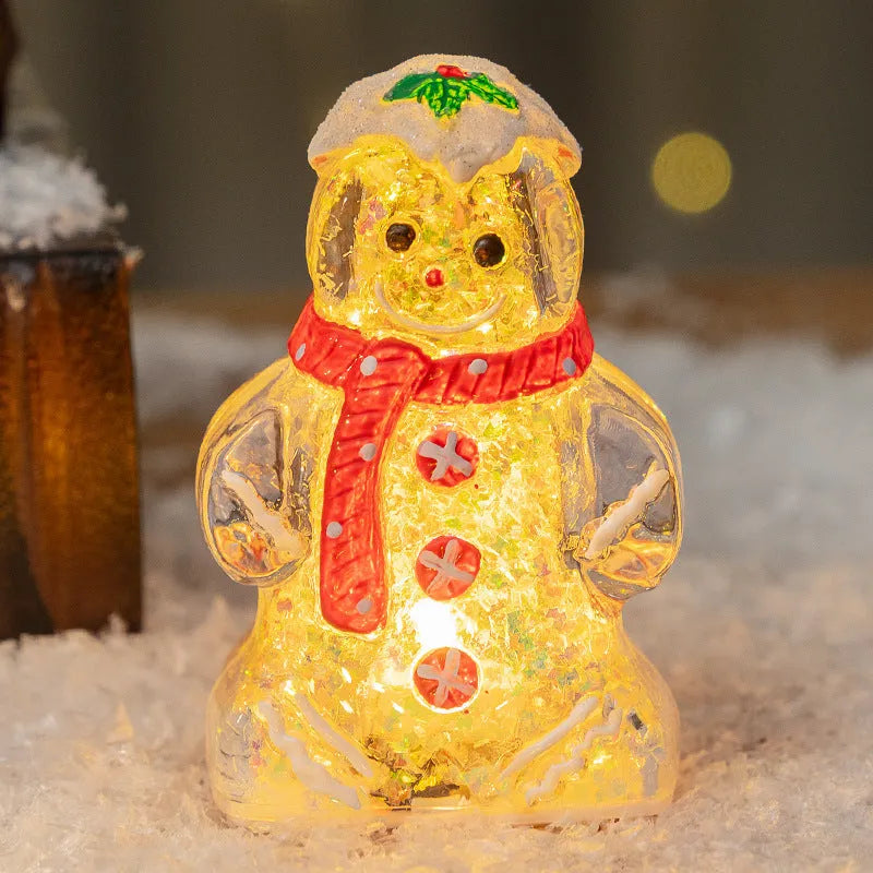 Glowing Christmas gingerbread man snowman ornament with a scarf in red, white, clear, or transparent red.
