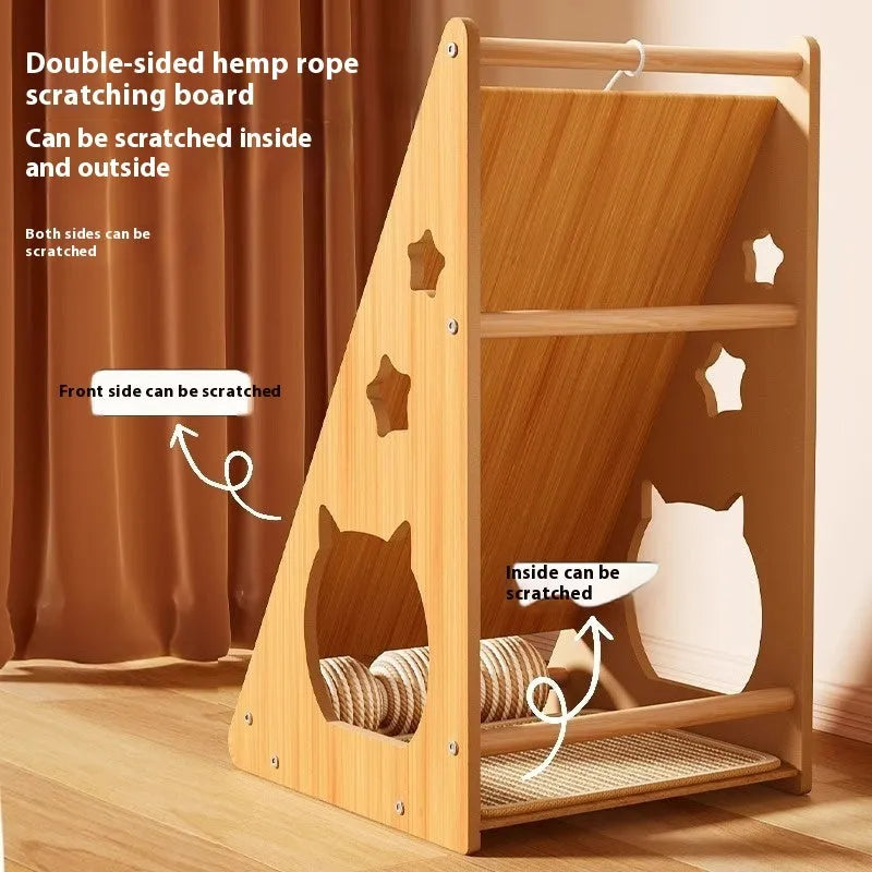 Vertical wall-mounted cat scratch board with sisal surface and cat teasing ball with hemp rope