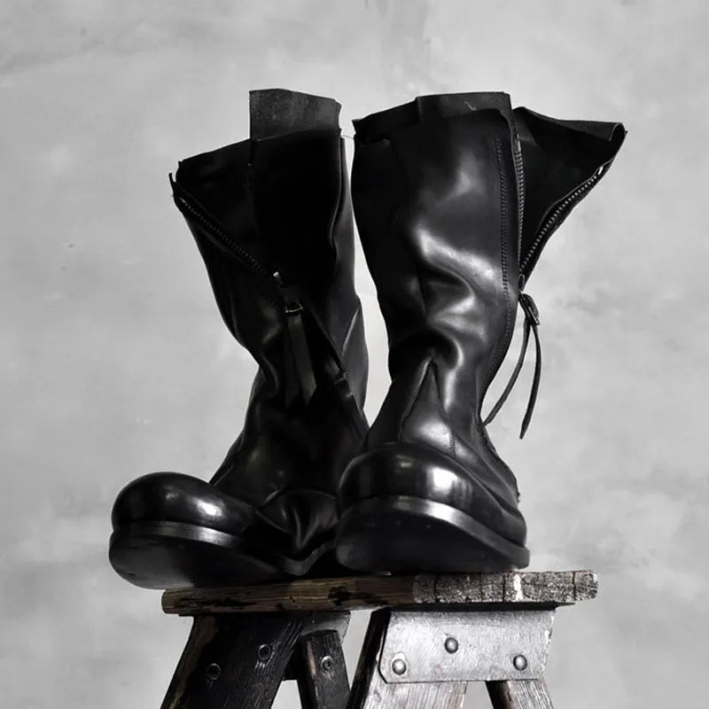 Japanese irregular deconstructed leather boots for men in black retro high-top round-toe style with zipper closure