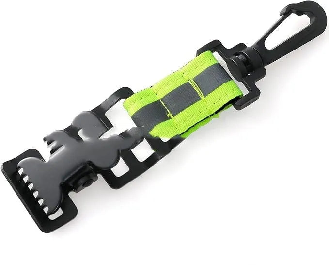 Fluorescent green universal safety clamp with metal buckle for fireman gloves.