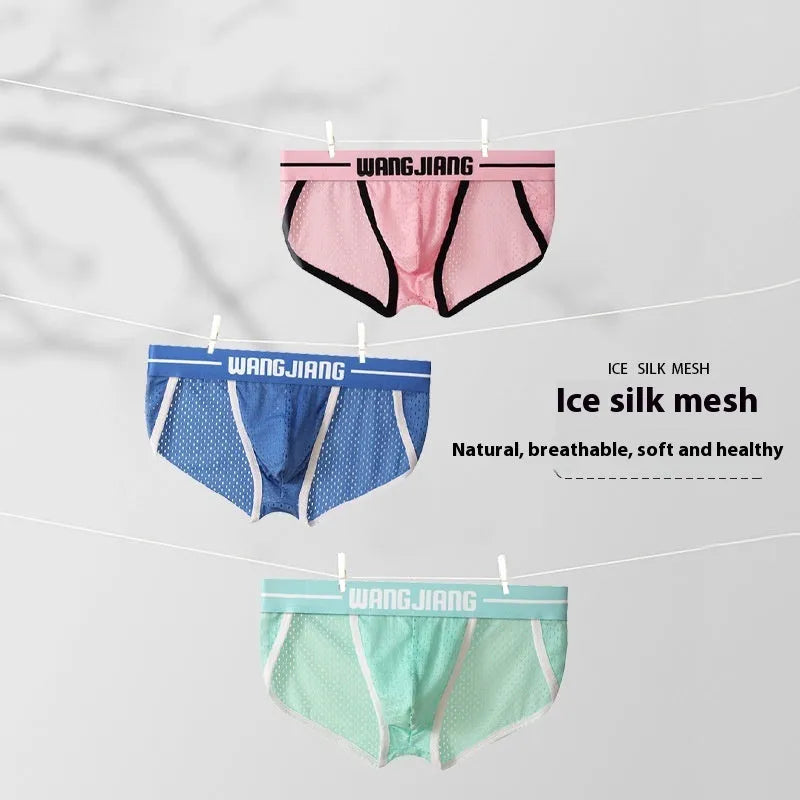 Men's solid colour ice silk triangle underwear briefs in breathable mesh fabric with quick-drying properties