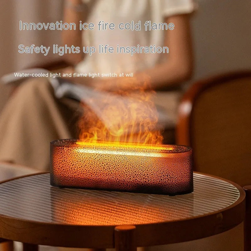 Square creative lava flame aroma diffuser and humidifier with colourful lighting on desktop