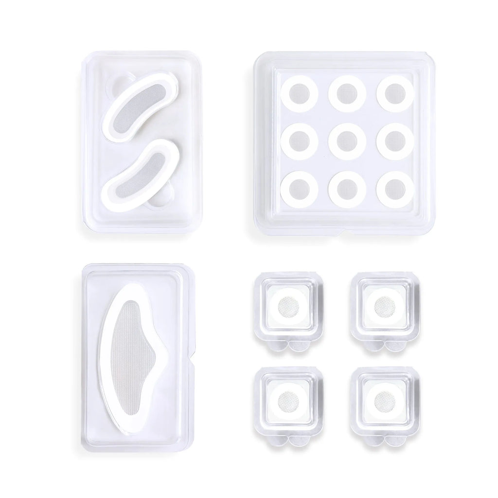 Transparent hydrocolloid acne patch stickers on skin for pimple treatment.