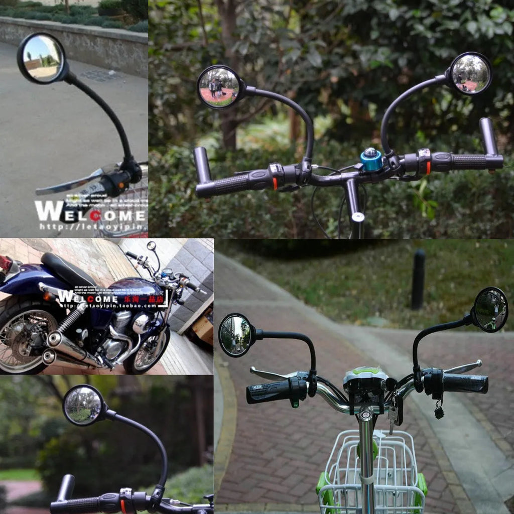 Black bicycle rearview mirror with hose adjustment system attached to handlebar