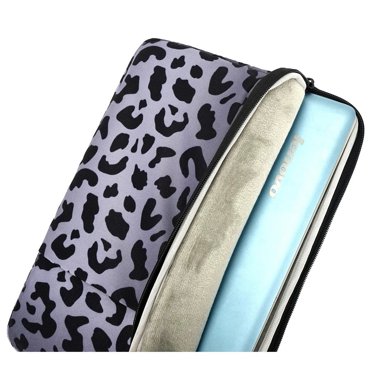 Leopard print laptop sleeve for 13-inch to 16-inch devices with anti-shock flannel lining