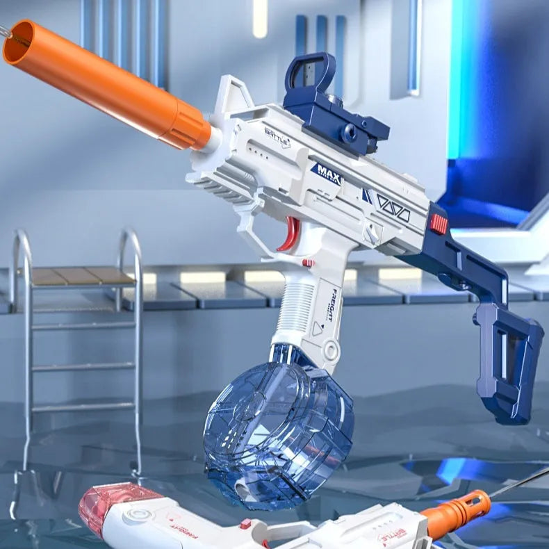Children automatic electric UZI backpack water gun in technology blue with long barrel and double water clip on grass.