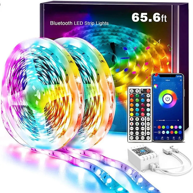 Bluetooth smart app controlled RGB LED strip light on a reel with 44-key remote and power adapter.