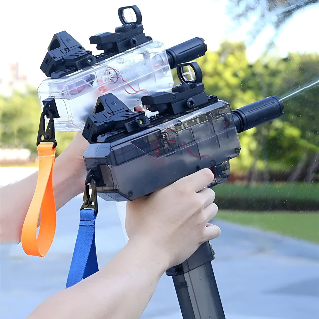 Transparent blue electric water gun toy with accessories on a white background.