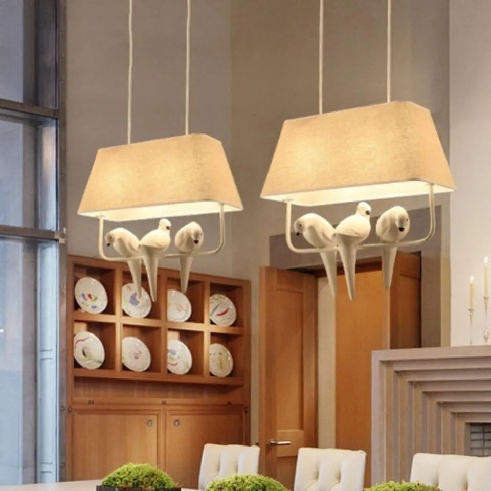 Bird theme chandelier ceiling lamp with fabric shade and iron frame