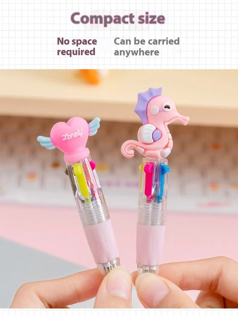 Cute cartoon-themed four-colour press-type ballpoint pen with a silicone grip and 0.7mm tip.