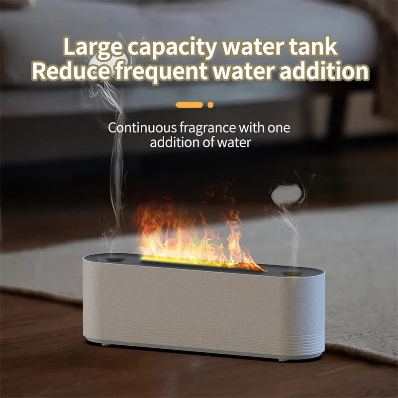 Black ultrasonic humidifier diffuser with 7-colour LED flame lighting effect and water mist emission