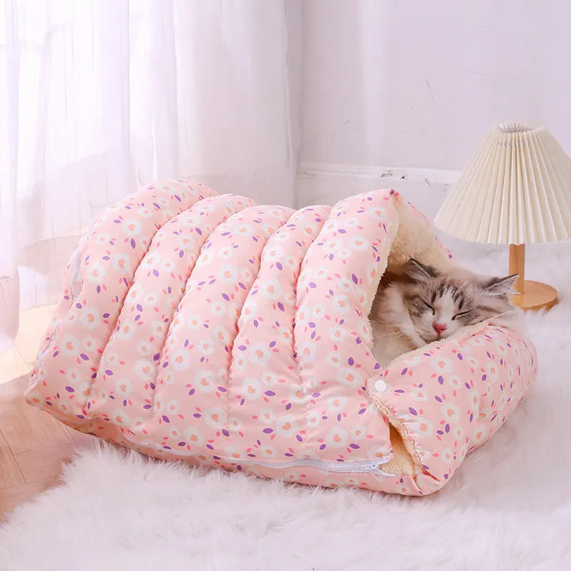 Closed winter cat nest with removable cloth cover in floral pattern