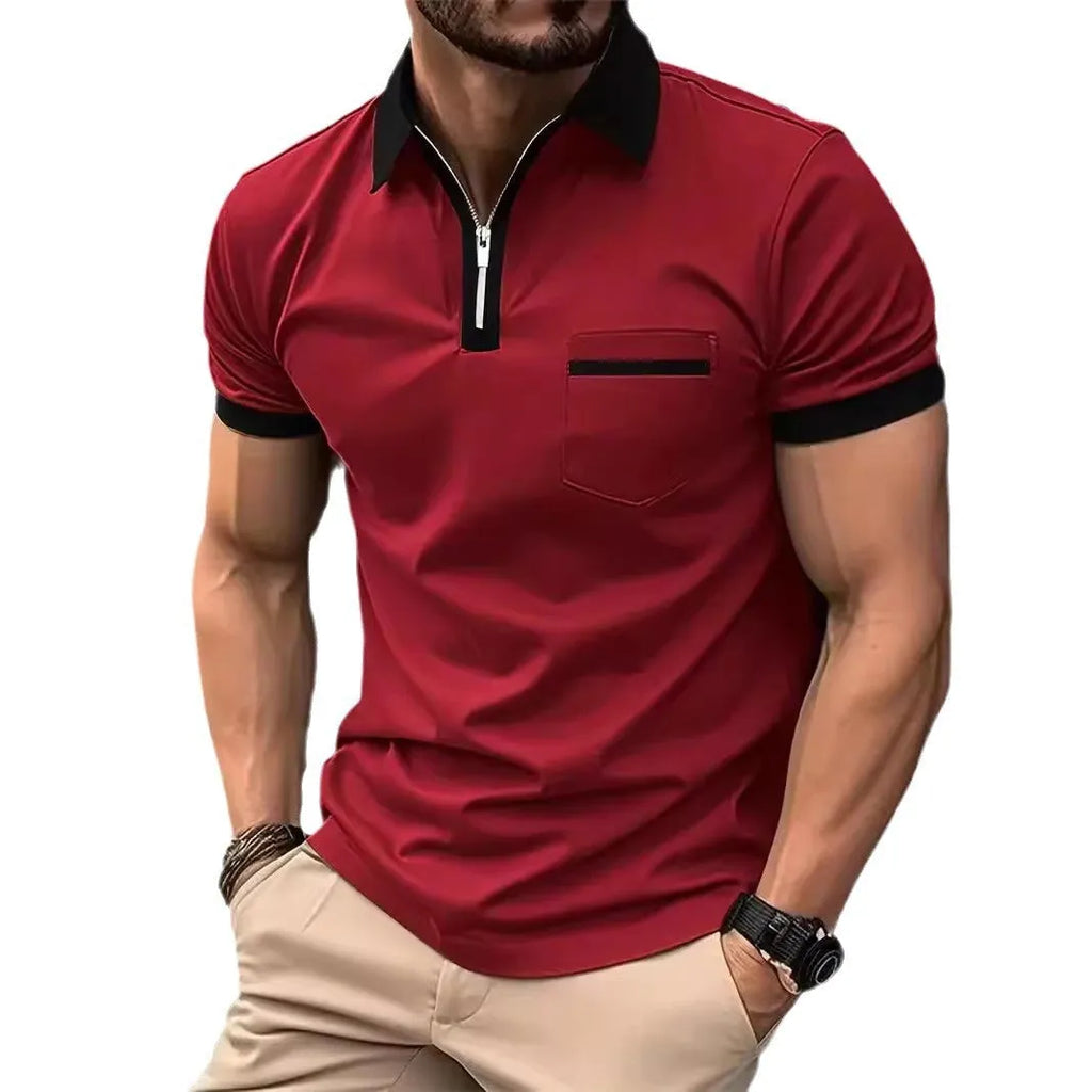 Man wearing a loose-fit short-sleeve casual shirt with a chest pocket and a zipper decoration on the front.