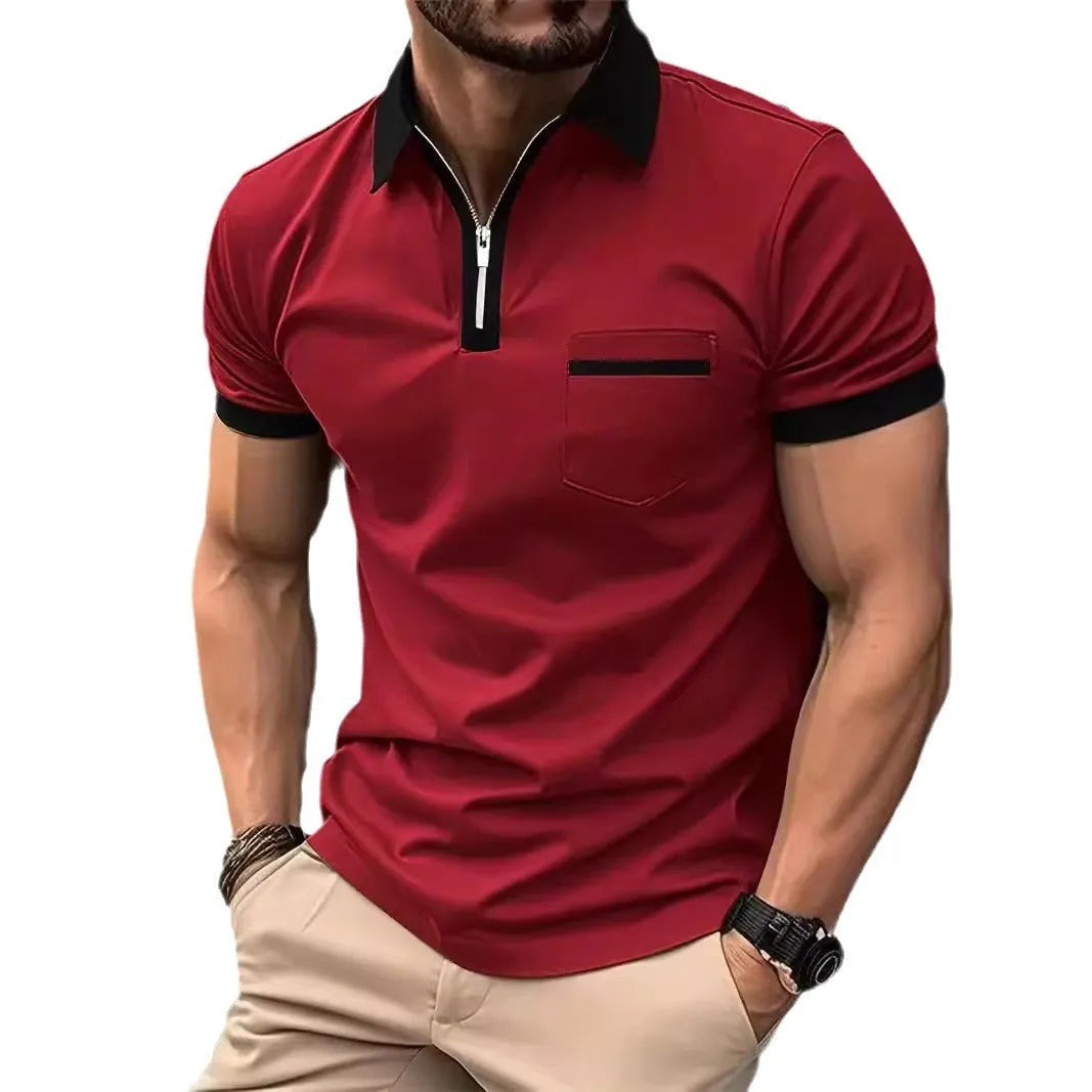 Man wearing a loose-fit short-sleeve casual shirt with a chest pocket and a zipper decoration on the front.
