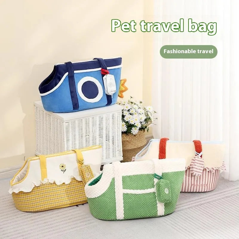 Shoulder cat bag pet carrier with cartoon pattern in green, red stripe, or yellow colours showing plush interior