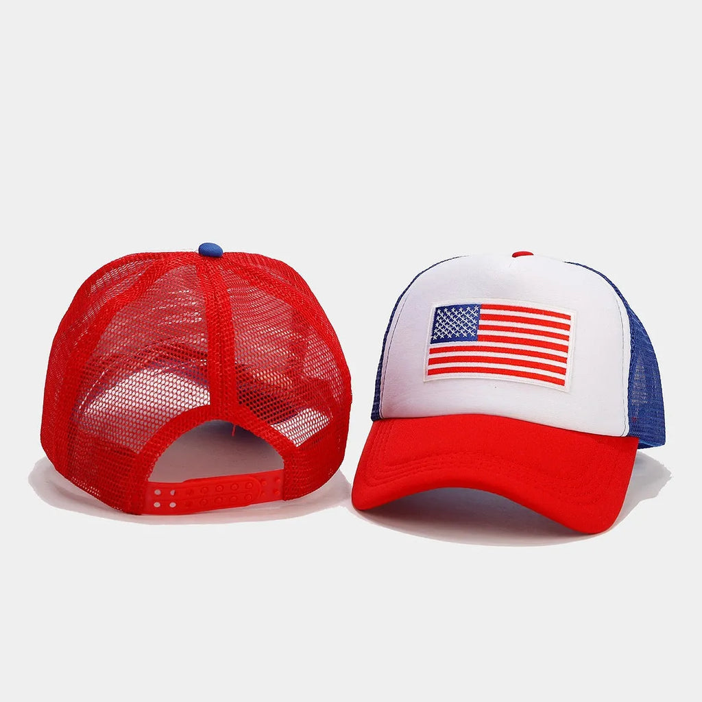 Red and blue mesh cotton baseball cap with adjustable strap and dome crown design