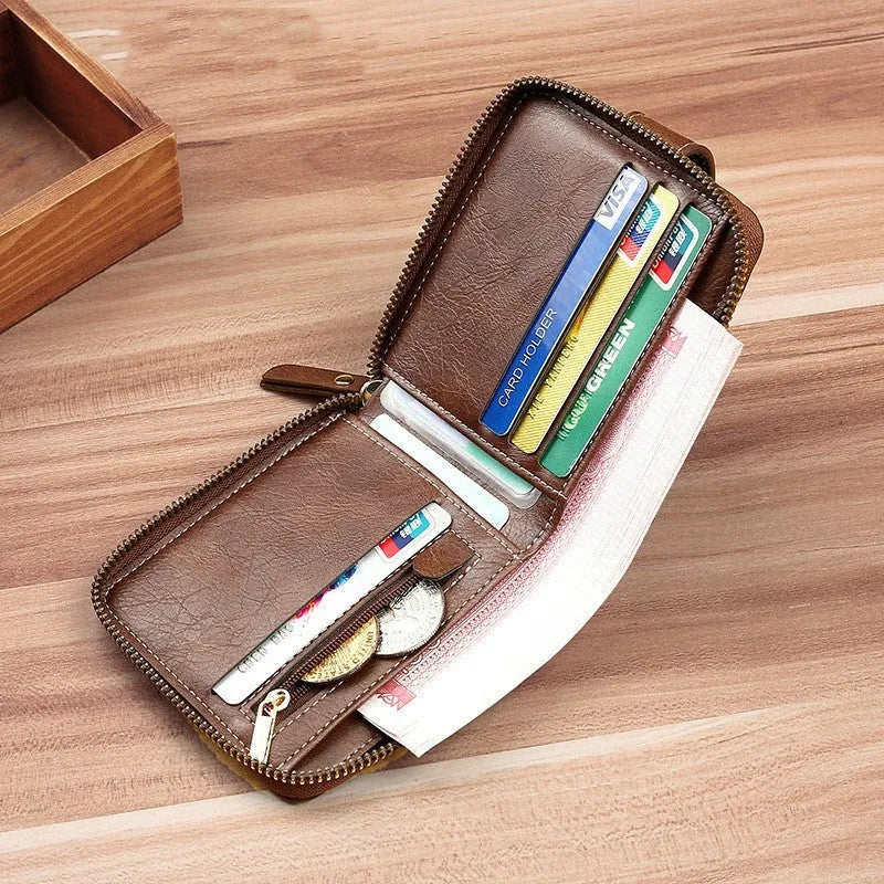Men's 2 fold short style wallet in three colour options: light brown, black, and dark brown