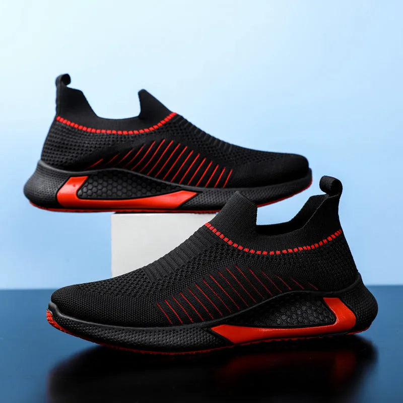 Men's black and white striped mesh sock running shoes with lace-up front