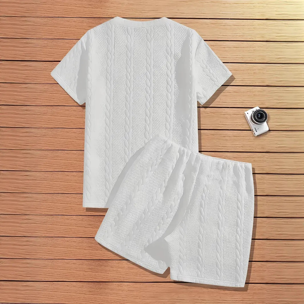 Men's black solid colour ribbed short sleeve T-shirt and matching shorts sports set