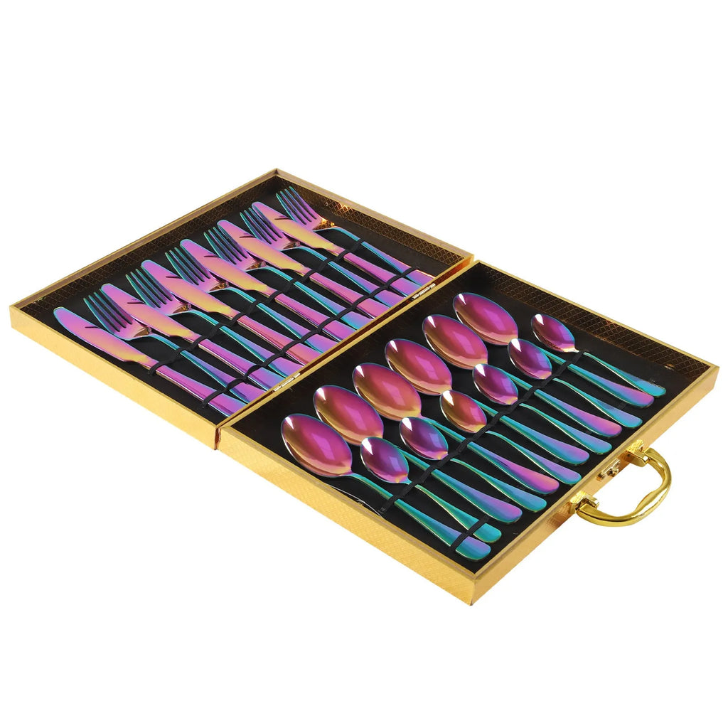 24-piece stainless steel tableware set showing knives, forks and spoons in multiple colour options