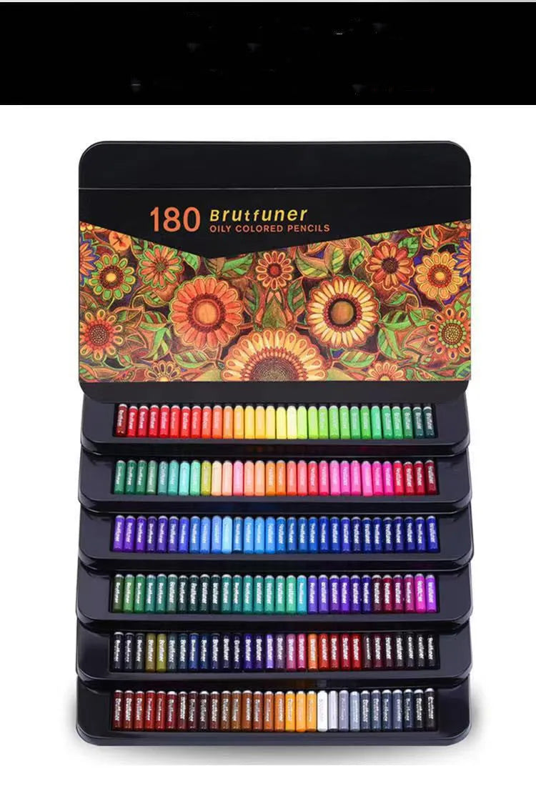 180-colour oily pencil set in rainbow assortment with wooden barrels and iron tin box