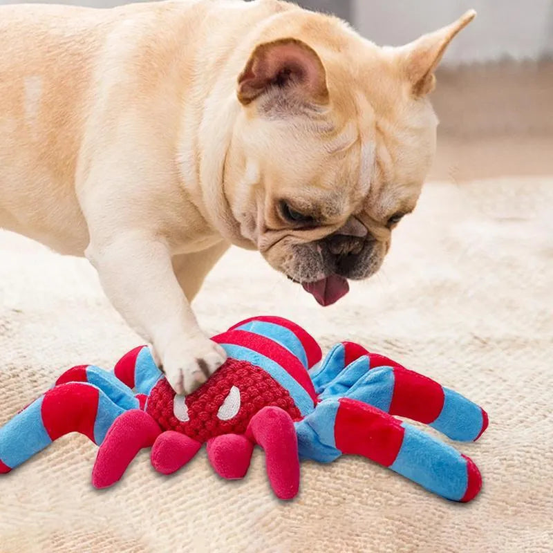 Red plush teddy dog toy with bite-resistant construction and squeaker for medium/large puppies