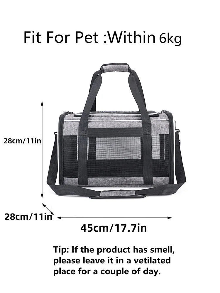 Oxford fabric pet carrier bag for dogs and cats in grey with blue edge measuring 44cm long