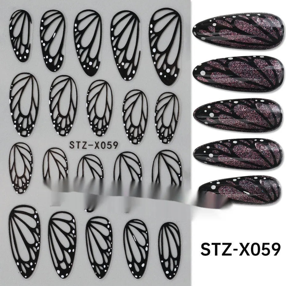 Cartoon nail art stickers sheet with black and silver love heart designs