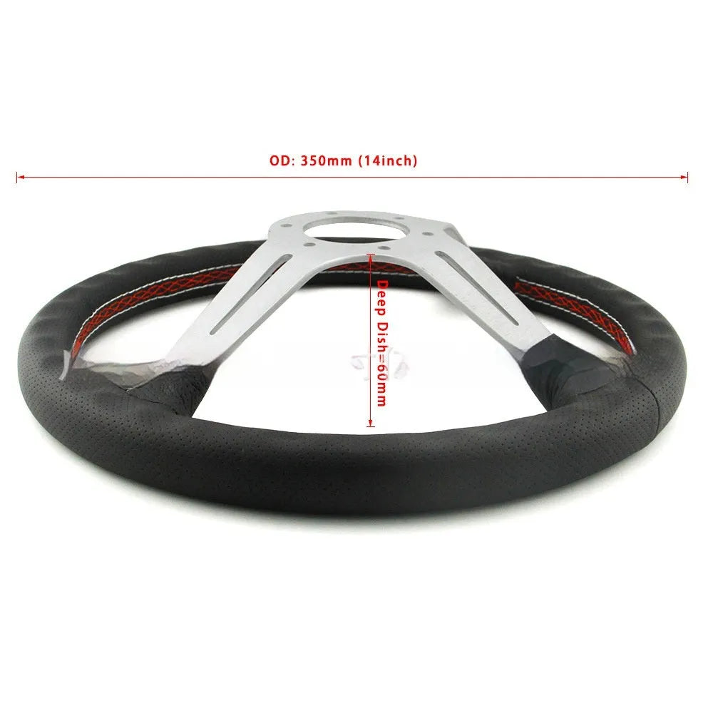 14-inch leather steering wheel with concave centre in black skeleton finish.