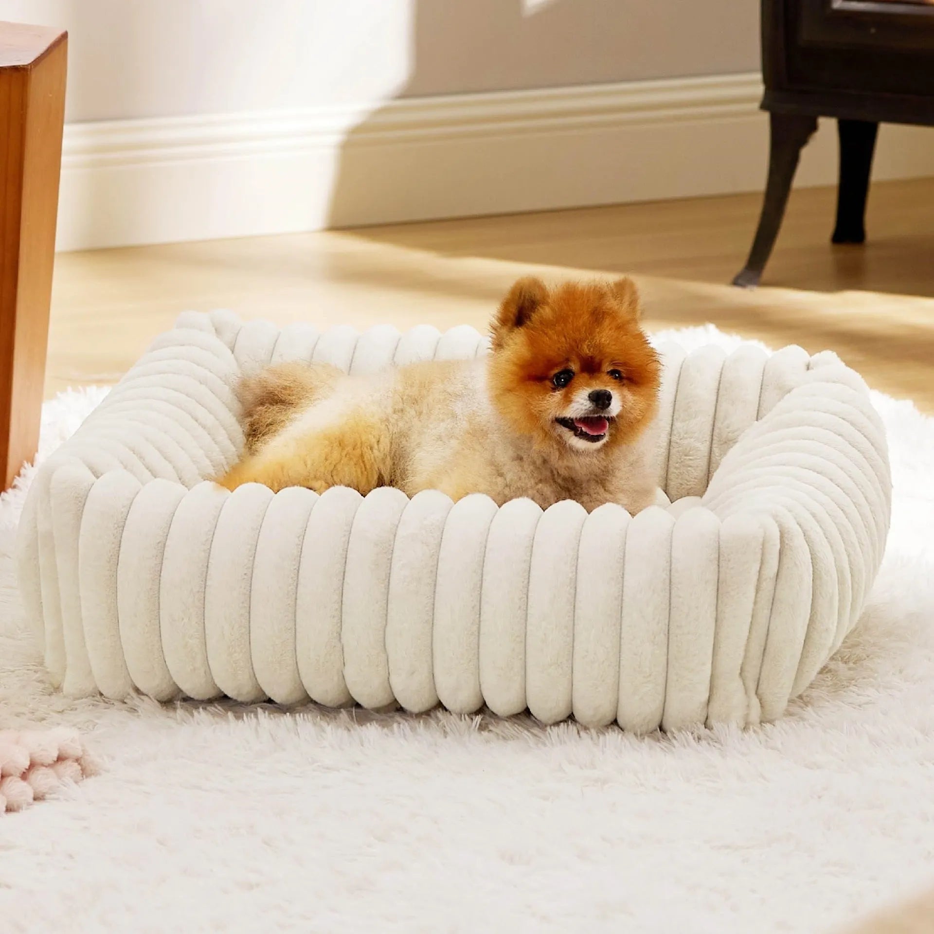 Beige raised-side pet bed for a medium-sized dog, showing padded base and supportive sides.