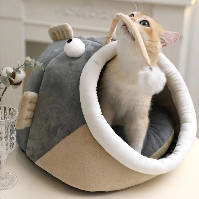 Semi-closed winter pet house in grey deerskin velvet showing lantern fish design with cat inside