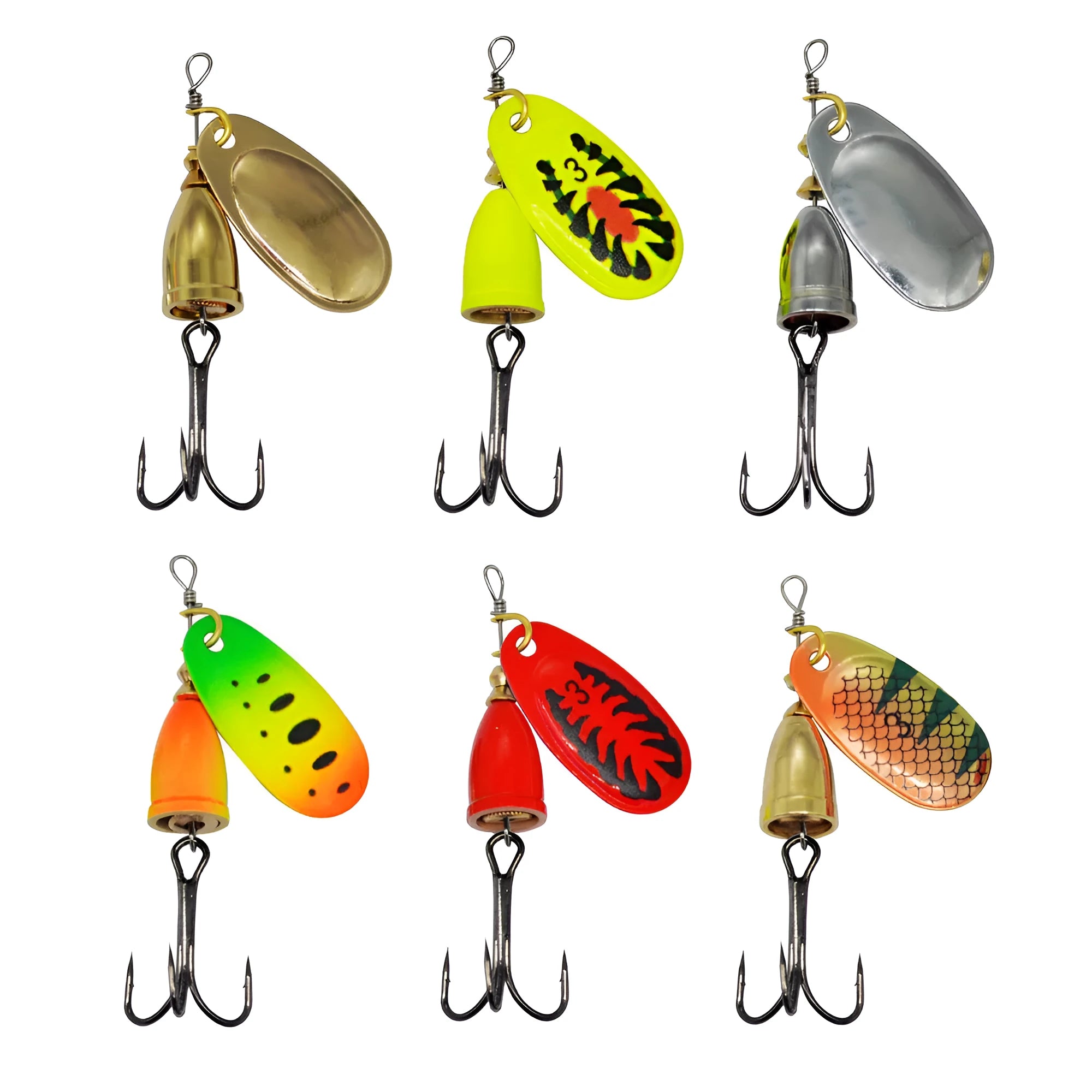 R Composite metal fishing lure with rotating sequins and copper bell in multiple colour options including gold, red, and silver.