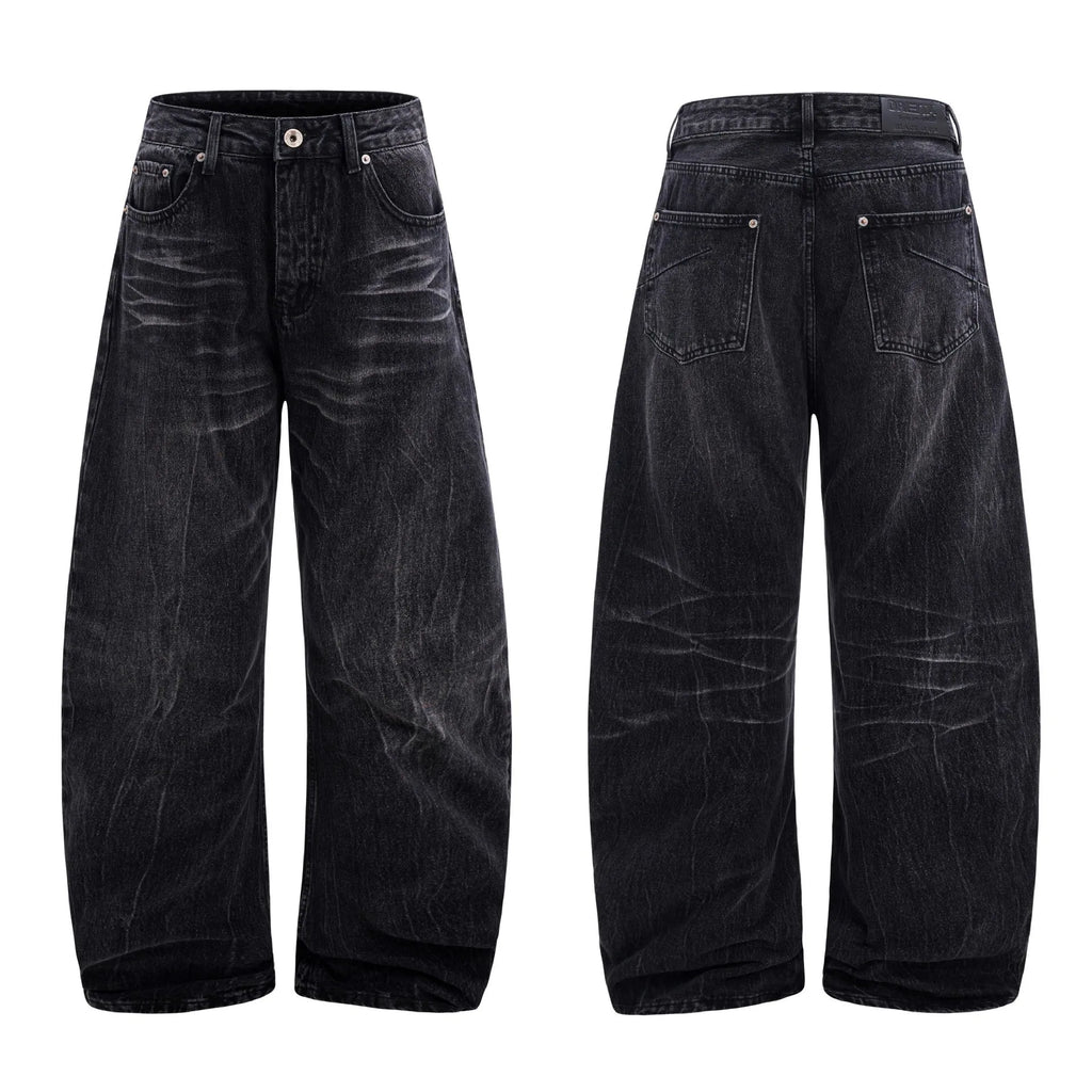 Black men's straight-leg jeans with American washed lightning crack texture