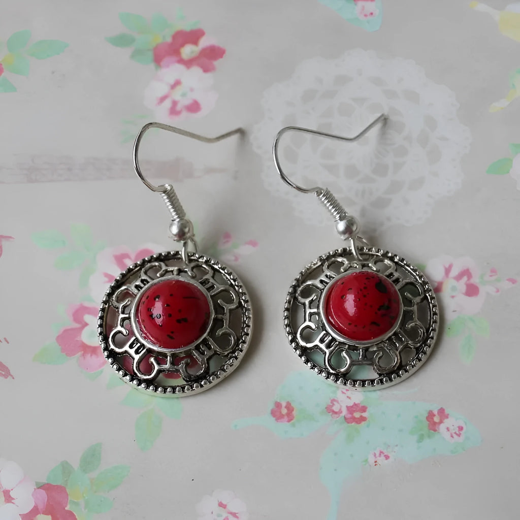 Handmade ethnic Miao silver geometric flower disk earrings with turquoise, in black, blue, or red.