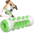Natural rubber dog toothbrush chew toy in blue with cleaning bristles, shown next to a size scale.