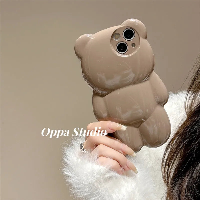 Solid colour three-dimensional bear cute anti-fall silicone phone case for iPhone 11 12 13 14 series, khaki option