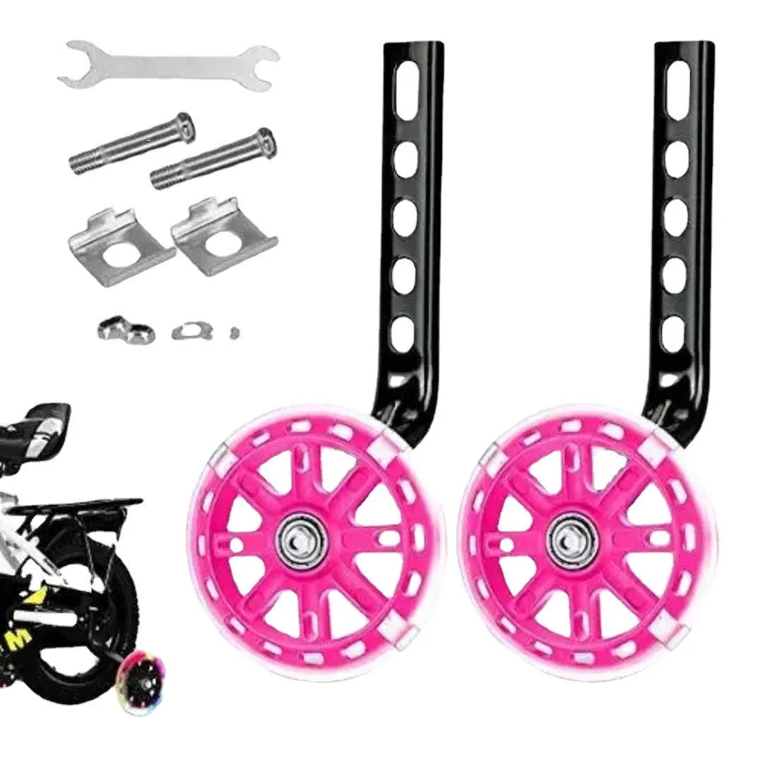 Children's bicycle training wheels kit with universal bracket, shown in assorted colours.