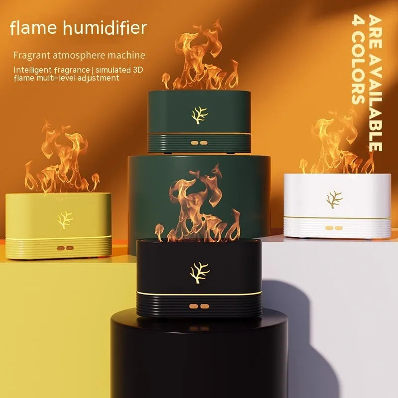 Square white LED flame humidifier and essential oil diffuser with mist and red fire effect.