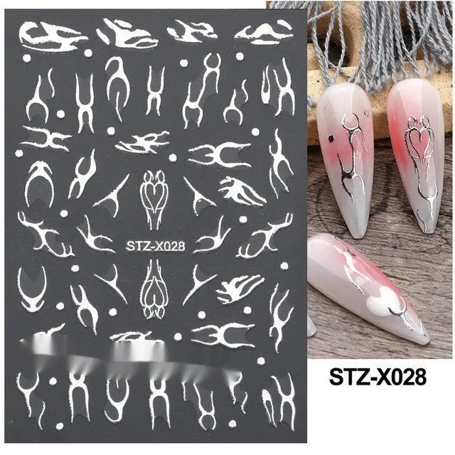 Cartoon nail art stickers sheet with black and silver love heart designs