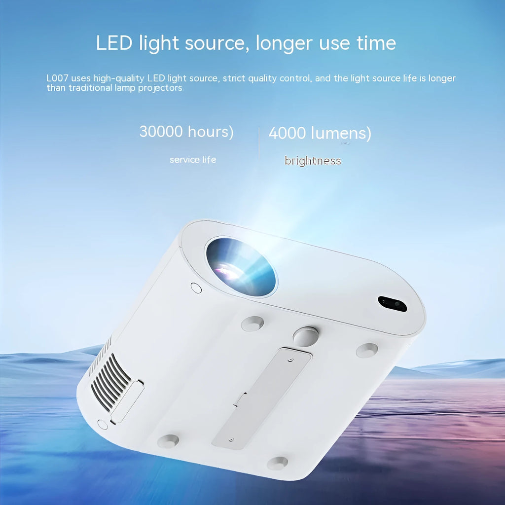 White T07 Full HD smart projector with remote control on a wooden surface.