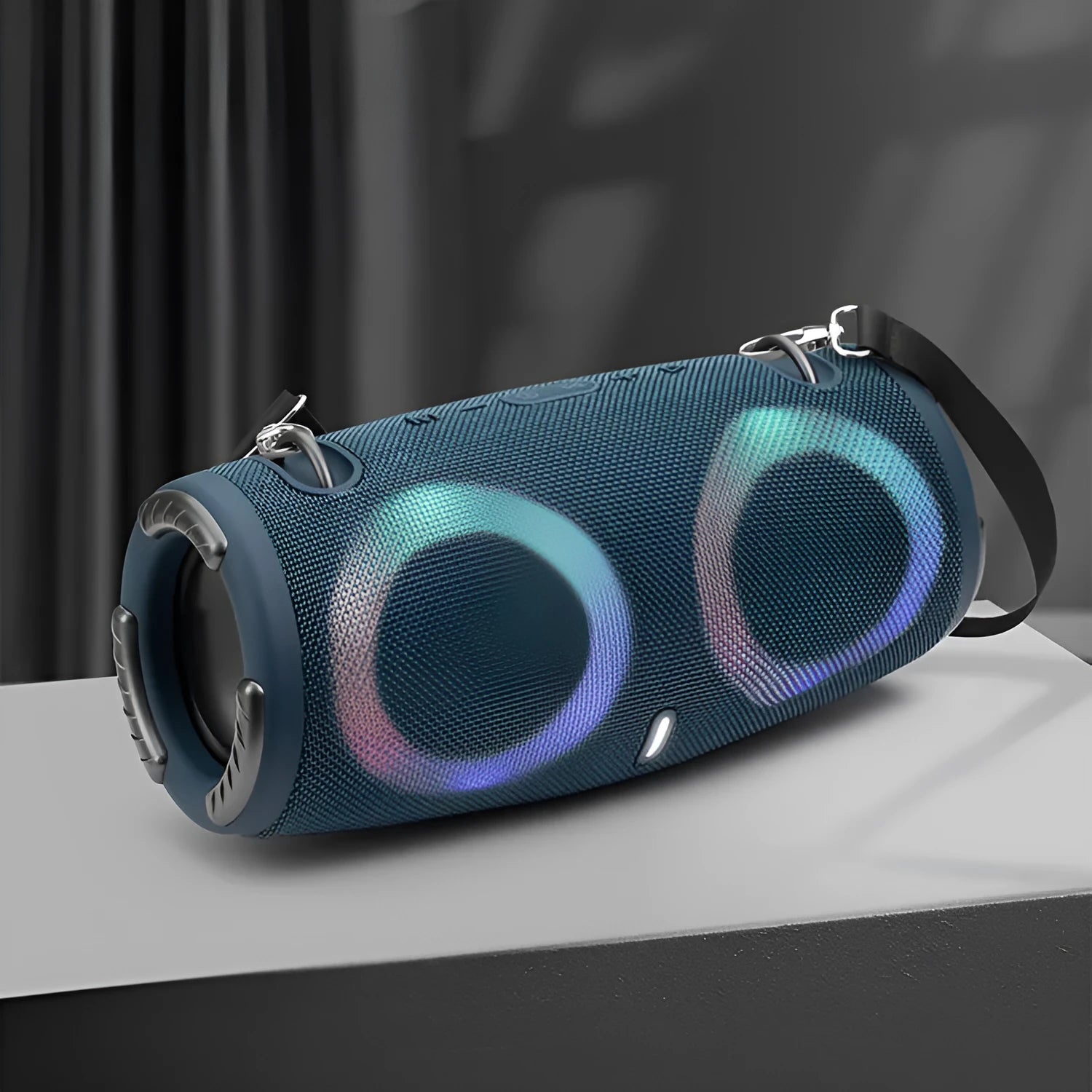 Portable Bluetooth speaker with RGB lights in multiple colour options on a strap.